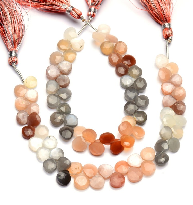 Natural Gemstone Multi Moonstone 7.5mm Faceted Heart Shape Briolette Beads 8″