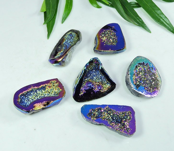23-25 MM Rainbow Titanium Aura Agate Druzy Fancy Loose Gemstone 6 Pcs Lot