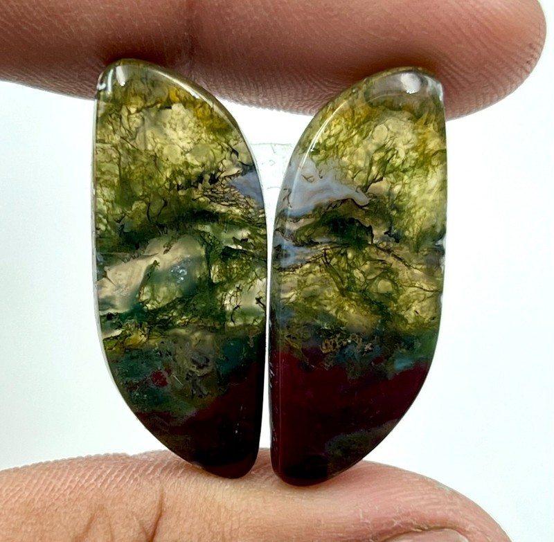 34 Ct 4x12x31 mm Natural Green Moss Agate Pair Fancy Cabochon Gemstone DP=234