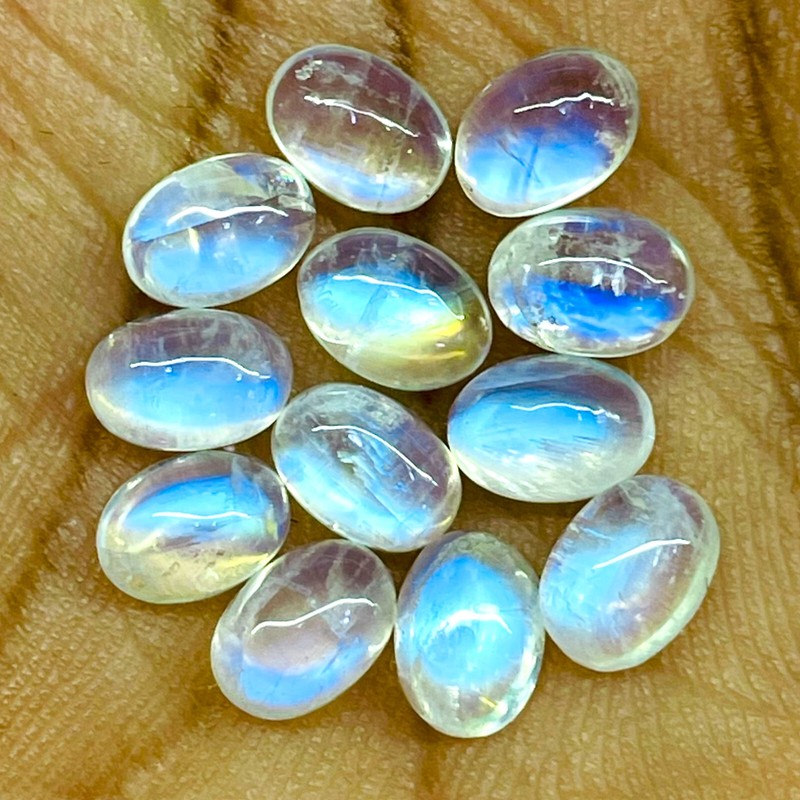 12 Pcs Natural Blue Fire Moonstone 7x5mm Oval Cabochon Untreated Loose Gemstones