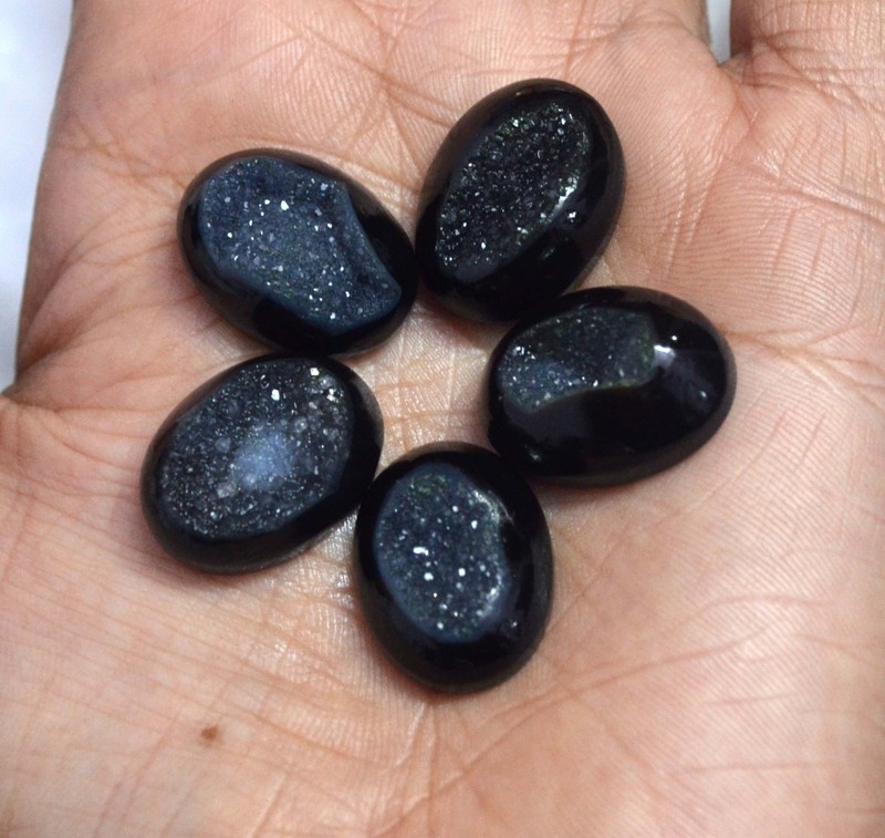 87 Cts. 100% Natural Black Crystal Druzy Agate Lot of Cabochon Gemstone-S5