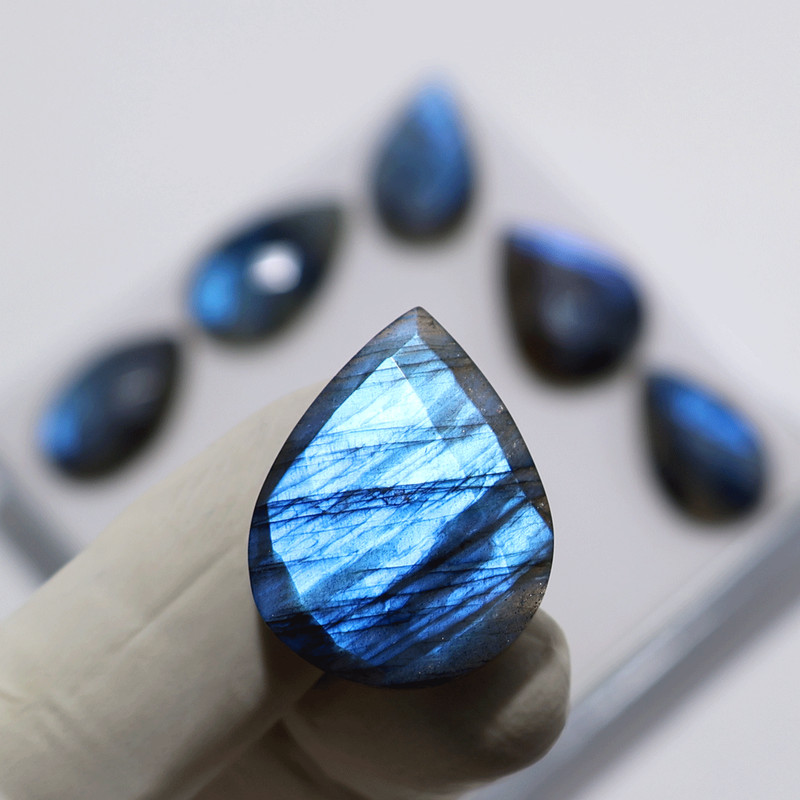 Blue Lightning 6 PC Natural Labradorite 26mm-29mm Teardrop Faceted Gemstones Lot gallery