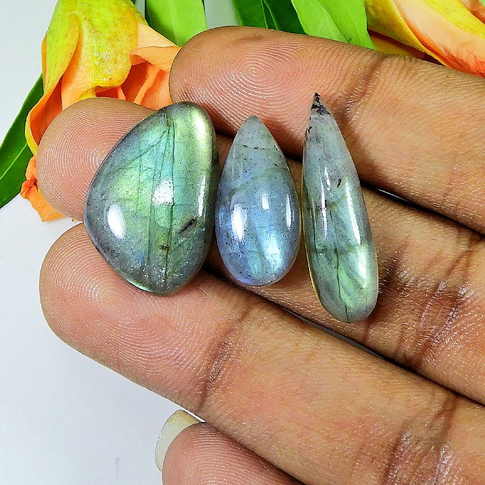 23-28MM Rainbow Fire Labradorite Pear Cabochon Loose Gemstone 3Pcs Lot 38Cts