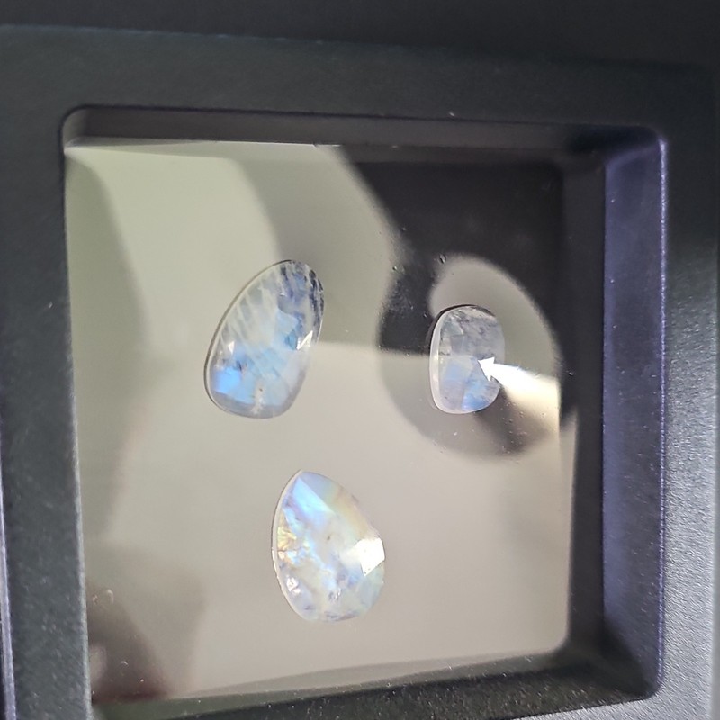 3pc Blue/White Moonstone Cabochon Lot Oval & Pear Shapes, Adularescence gallery