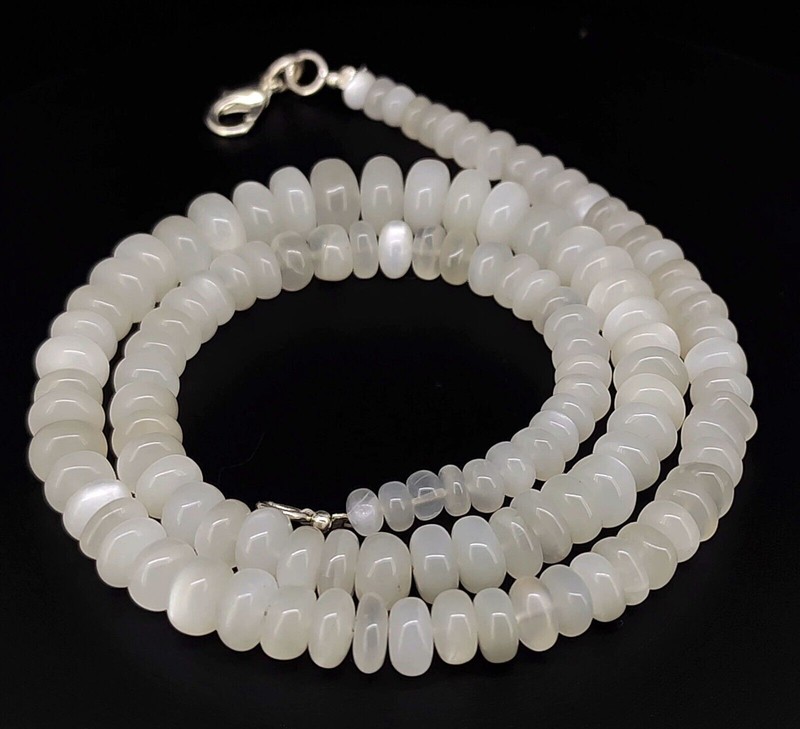 Natural White Moonstone Gem 6 to 9 mm Size Smooth Rondelle Beads 18″ Necklace