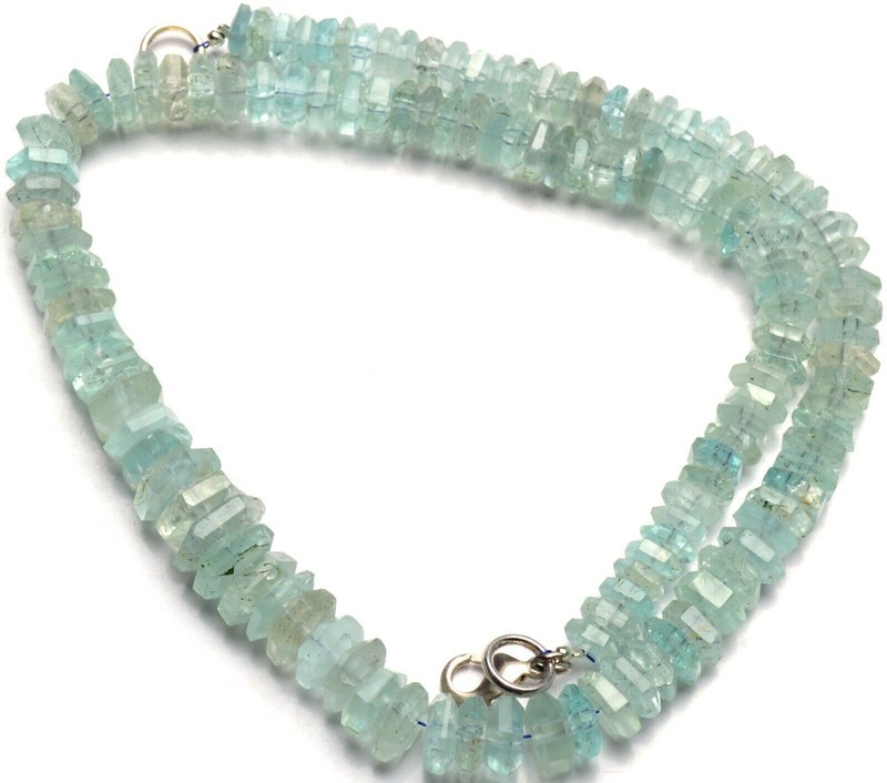 Natural Gem Aquamarine 7 to 10mm Bolt Shape Faceted Nugget Beads Necklace 16″