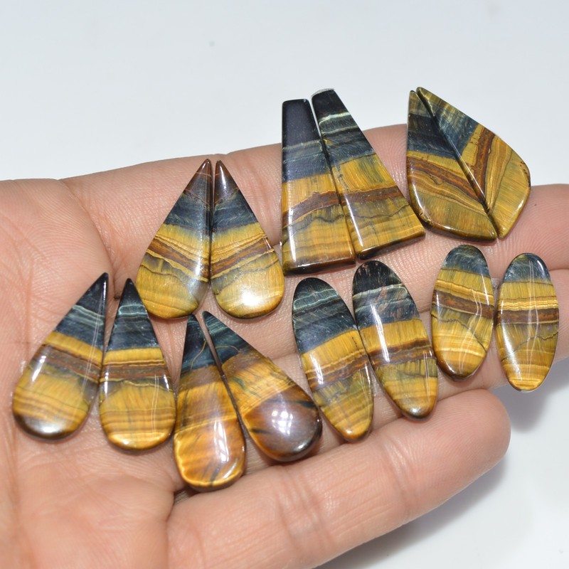 7 Pairs 161 Cts Natural Multi Tiger Eye Cabochon Gemstone 30×10 21x9mm #17100
