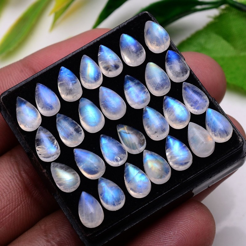 Lunar Magic~ 30 Pcs Natural Rainbow Moonstone 8mmx5mm Pear Cabochon Gemstones