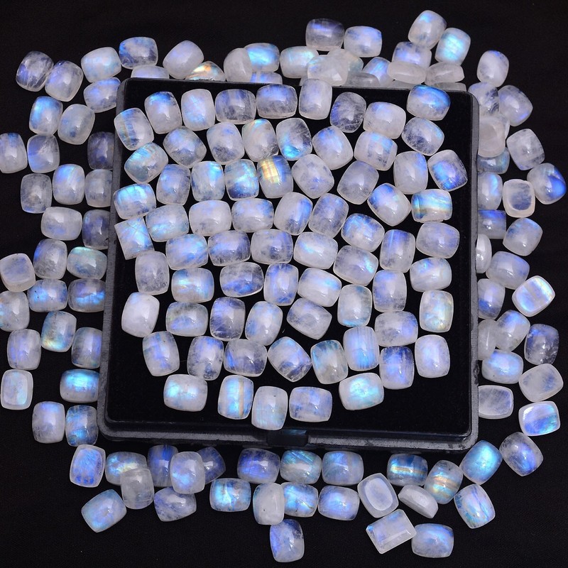 20 Pcs Natural Rainbow Moonstone 10mm*8mm Cushion Cabochon Loose Gemstones Lot