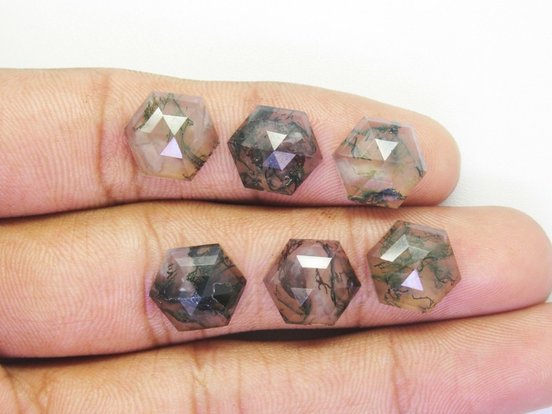 Natural Moss Agate Gems Hexagon Shape 6 Pcs Lot Faceted Cabochons Green Branches gallery