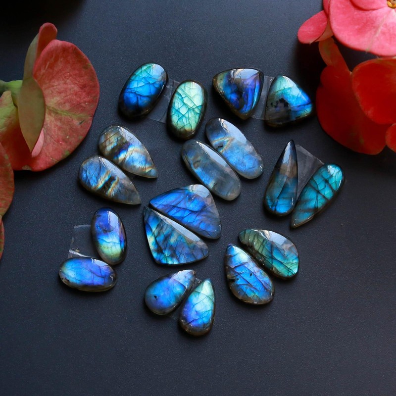 9Pairs 113Cts Natural Labradorite Gemstone Cabochon Pair Lot 20×10 14x6mm #18543