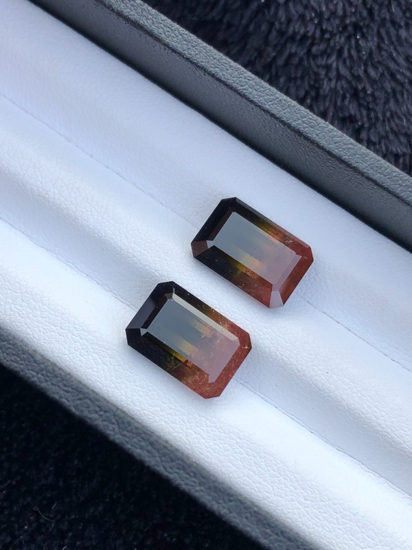 Natural Tri Color Tourmaline Emerald cut Faceted Pair gallery