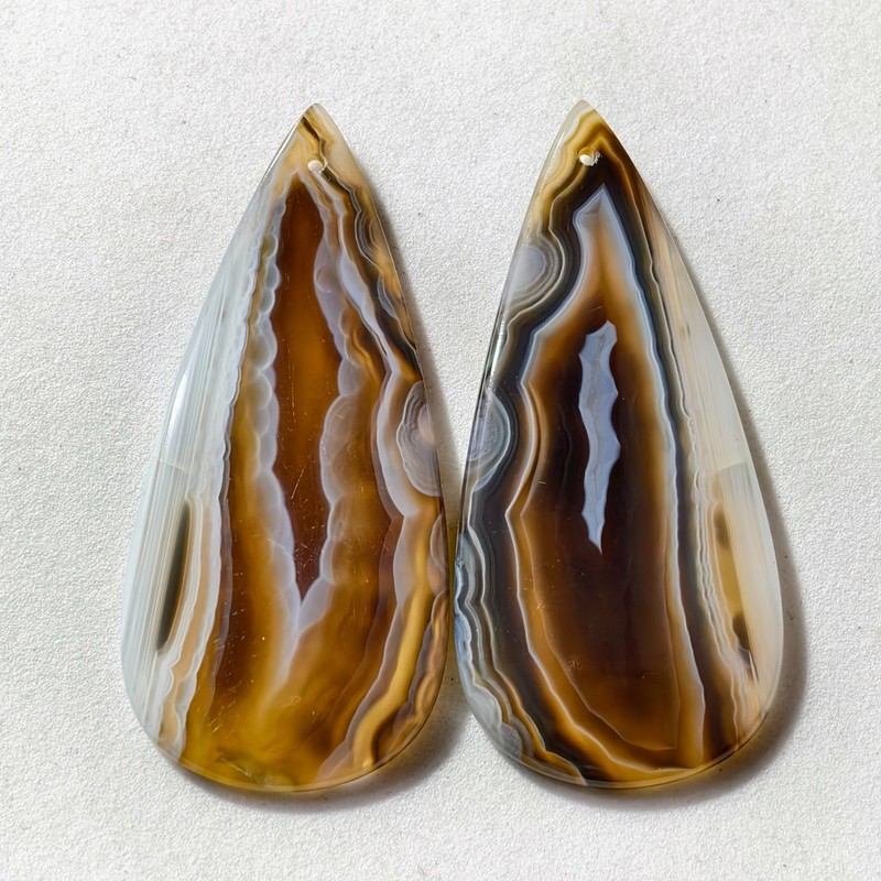 64 Cts Natural Black Banded Agate Drilled Pair Cabochon Gemstone 49.8X23.3 MM