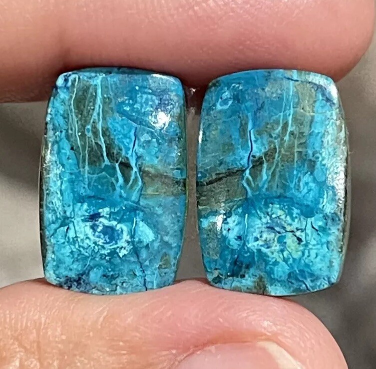 19.6ct 14.3×11.5×4.3mm Pair Of Rare Blue Shattuckite Rectangle Cabochons Gems