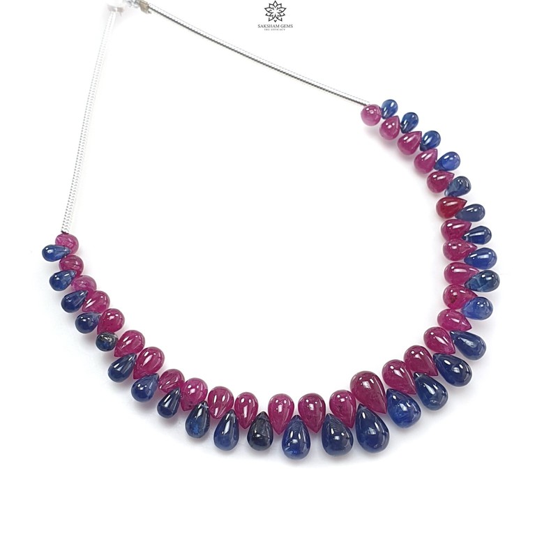 28.40ct Natural Blue Sapphire, Ruby Gemstone Teardrop Smooth Loose Beads 4mm-7mm