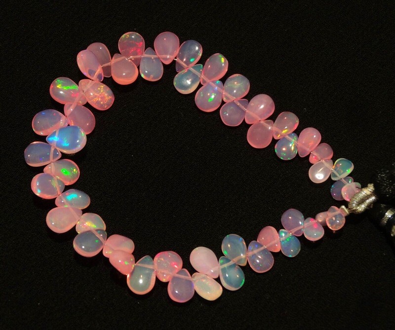 Ethiopian Pink Opal Gem 7x5 to 10x7 mm Size Rainbow Fire Pear Beads Strand 7" gallery