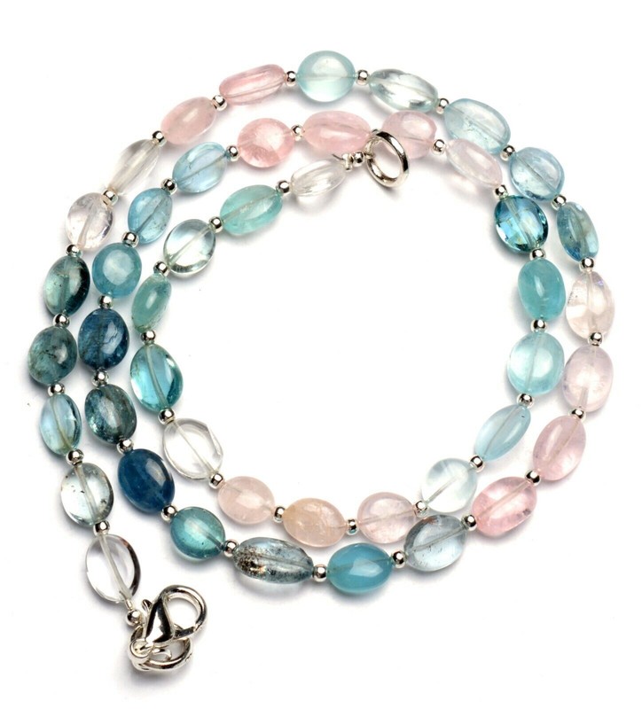 Natural Gem Multi Aquamarine Smooth 9x7mm Approx. Oval Nugget Beads Necklace 19" gallery