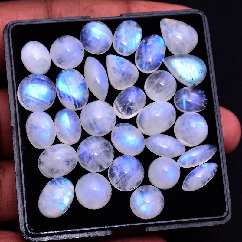 30 Pcs Natural Moonstone 9mm-13mm Blue Shine Cabochon Loose Gemstones Wholesale
