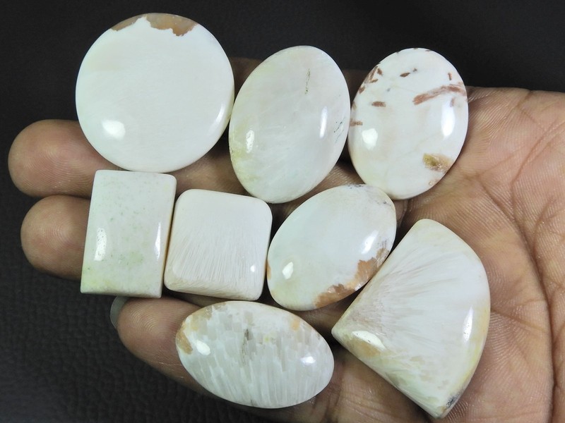 255Cts. Natural White Scolecite Mix Cabochon Loose Gemstone 08 Pcs Lot