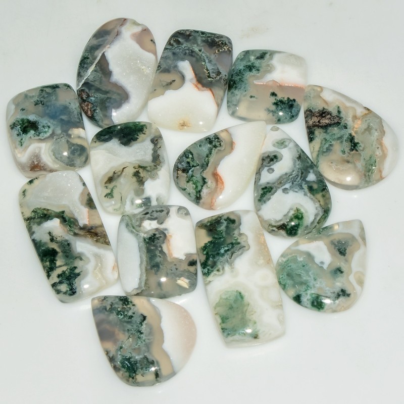 13 Pcs 146 Cts Natural Green Moss Agate Cabochon Gemstone 23×10 13x12mm #18211