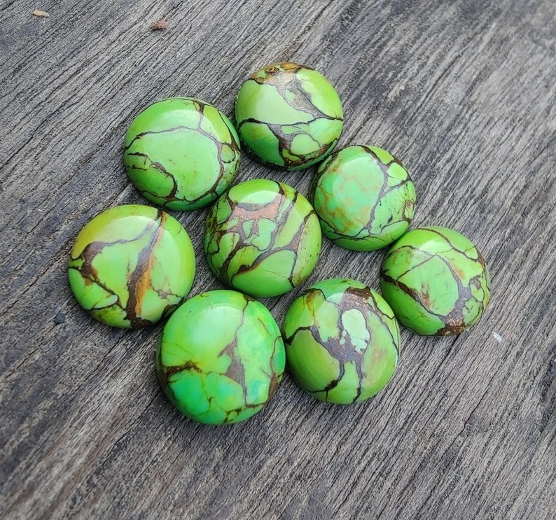 Natural Green Copper Turquoise Round Cabochon Polished Stone With Bold Matrix