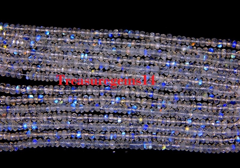 3-4 mm. NATURAL BLUE FIRE RAINBOW MOONSTONE FACETED RONDELLE BEADS 13″ STRAND
