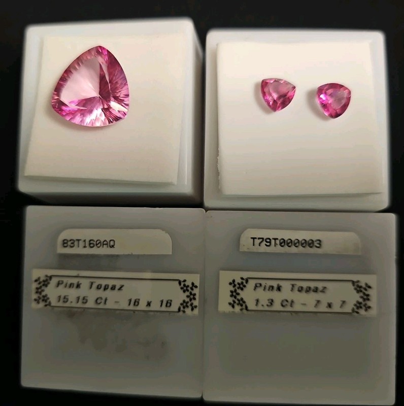 3 TRILLION CUT PINK TOPAZ LOOSE GEMSTONE 16 X 16 MM 15.15 CT & 7 X 7 MM 1.3 CT