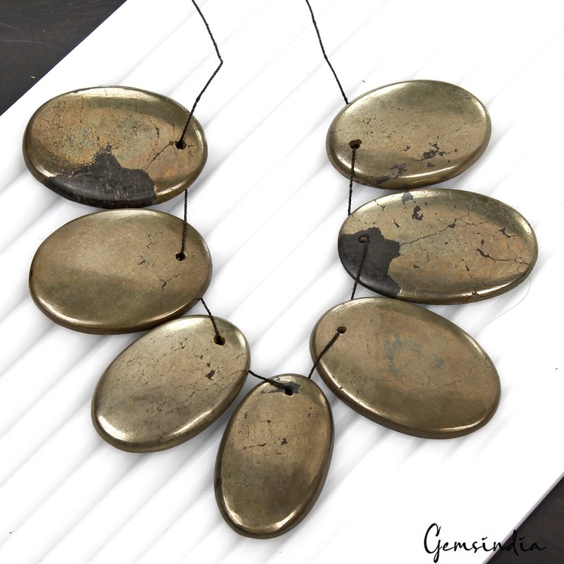 320 Ct/7 Pc Natural Untreated Apache Gold Pyrite Oval Cab Drilled Bead/Briolette