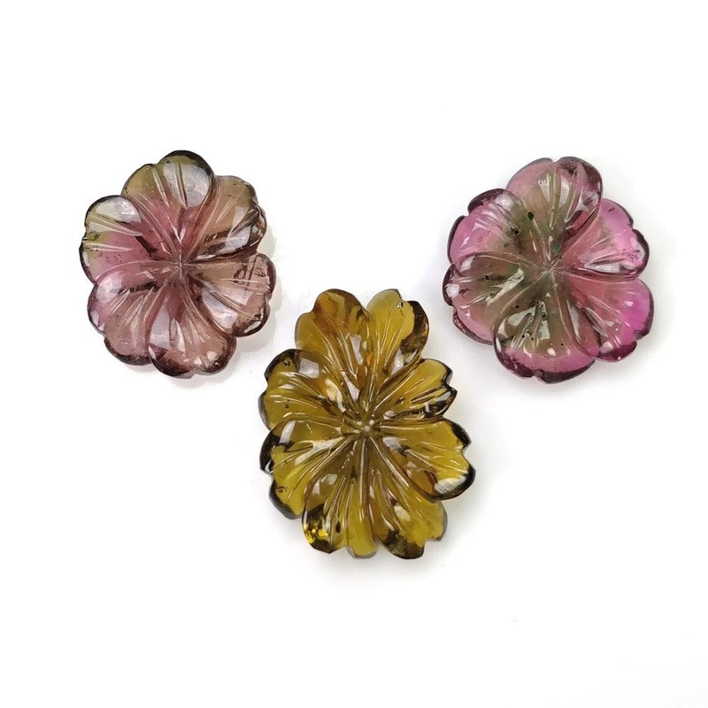 32.62cts Natural Watermelon TOURMALINE Gemstone Hand Carved Flower 3pcs