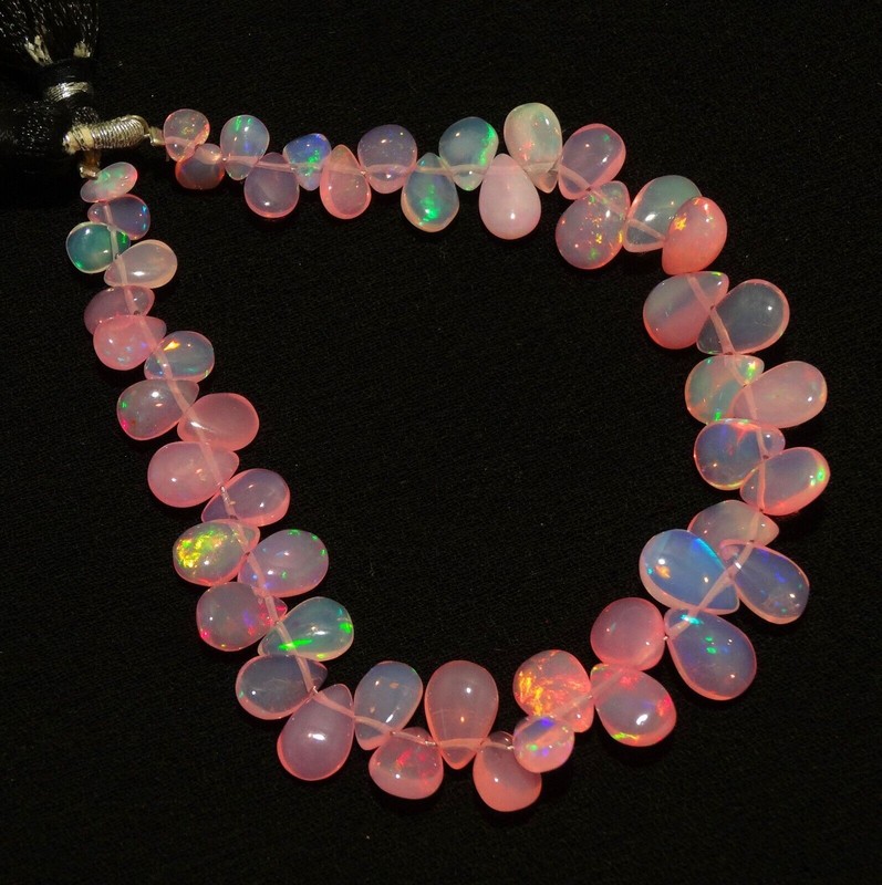 Ethiopian Pink Opal Gem 7x5 to 10x7 mm Size Rainbow Fire Pear Beads Strand 7" gallery