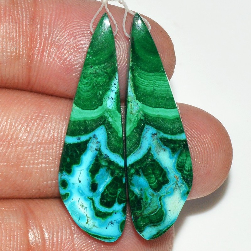 29Cts Natural Malachite Gemstone Cabochon Side Drill Earrings 36x10mm #P2453