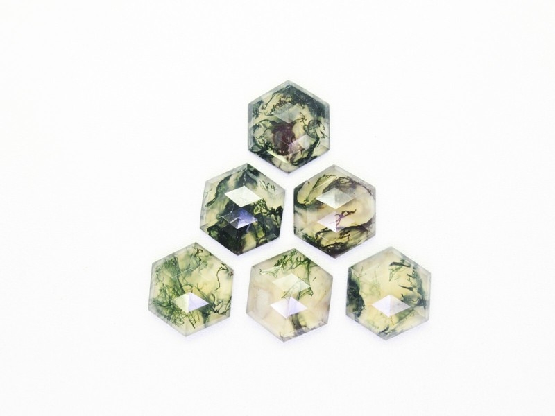 Natural Moss Agate Gems Hexagon Shape 6 Pcs Lot Faceted Cabochons Green Branches