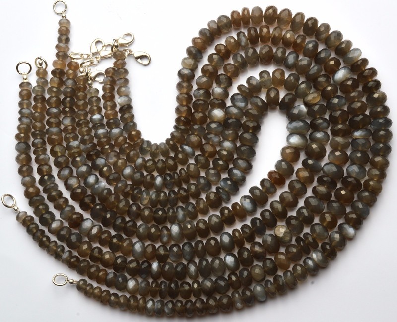 Natural Gem African Grey Moonstone 6 to 9MM Facet Rondelle Beads 17″ Necklace