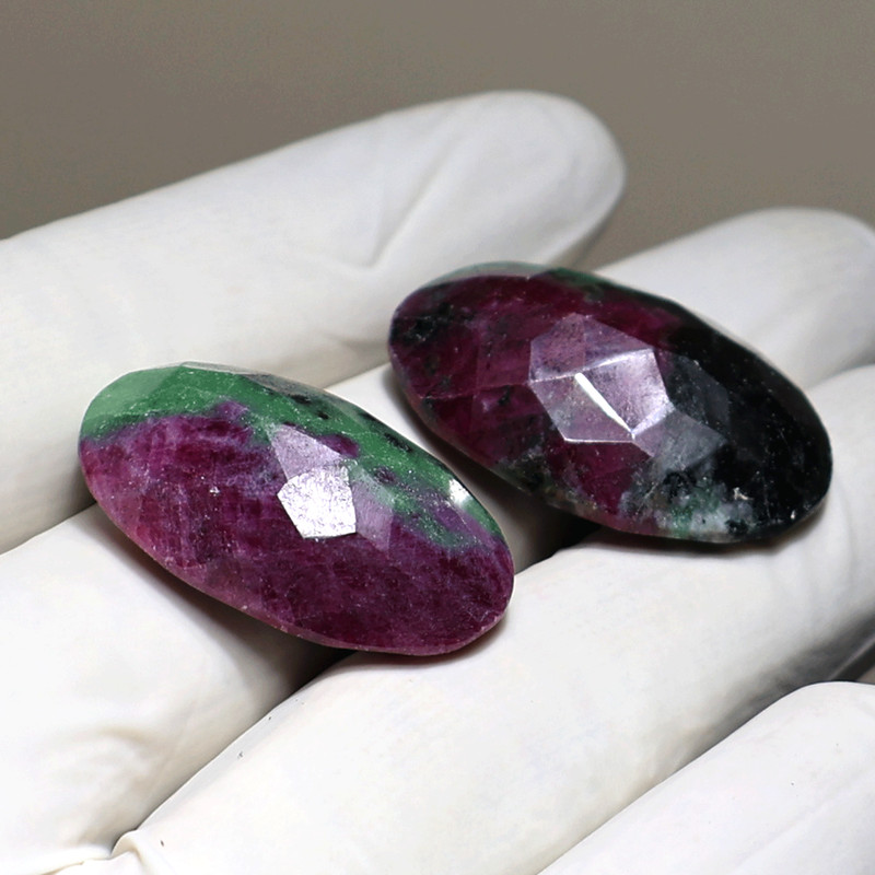 Earth & Fire~ 2 PC Natural Ruby Zoisite 28mm-30mm Oval Cut Faceted Gemstones Set gallery