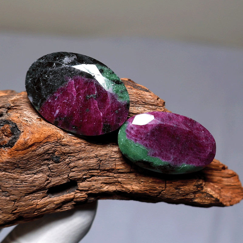 Earth & Fire~ 2 PC Natural Ruby Zoisite 28mm-30mm Oval Cut Faceted Gemstones Set gallery