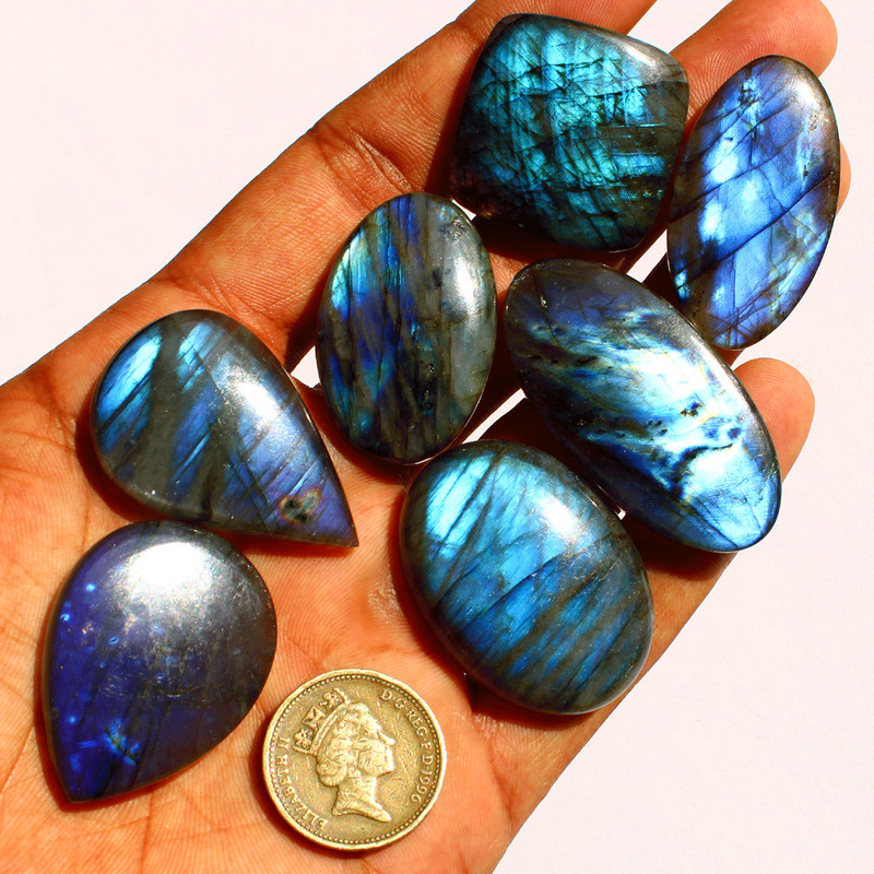 7 PC Natural Labradorite Blue Flash Cabochon 28mm-45.7mm Untreated Gemstones Lot