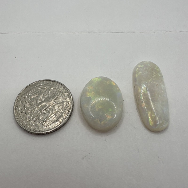 Fire Opals Two Pol. Natural White Flat Back Very Colorful Round & Oblong 30cts gallery