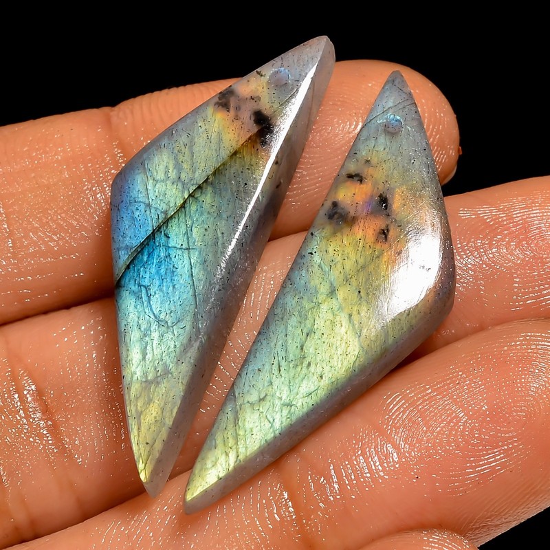 28 Cts Natural Labradorite Drilled Cabochon Match Pair Gemstone 36X11X4MM LB-105