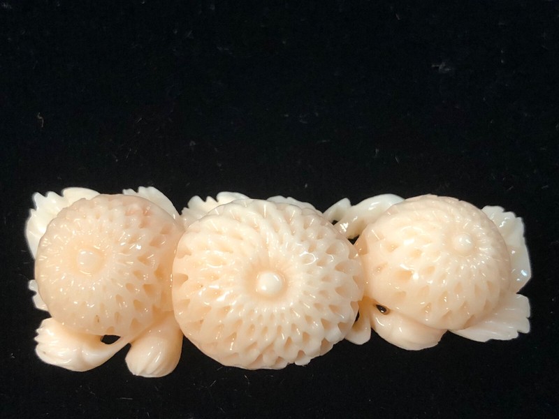 Japanese Obidome Hand Carved Angel Skin Coral 41mm Chrysanthemum Flowers 8.1g