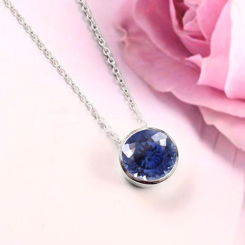 34Ct Natural Blue sapphire Round cut 925 Silver Pendant sapphire pendant Jewelry
