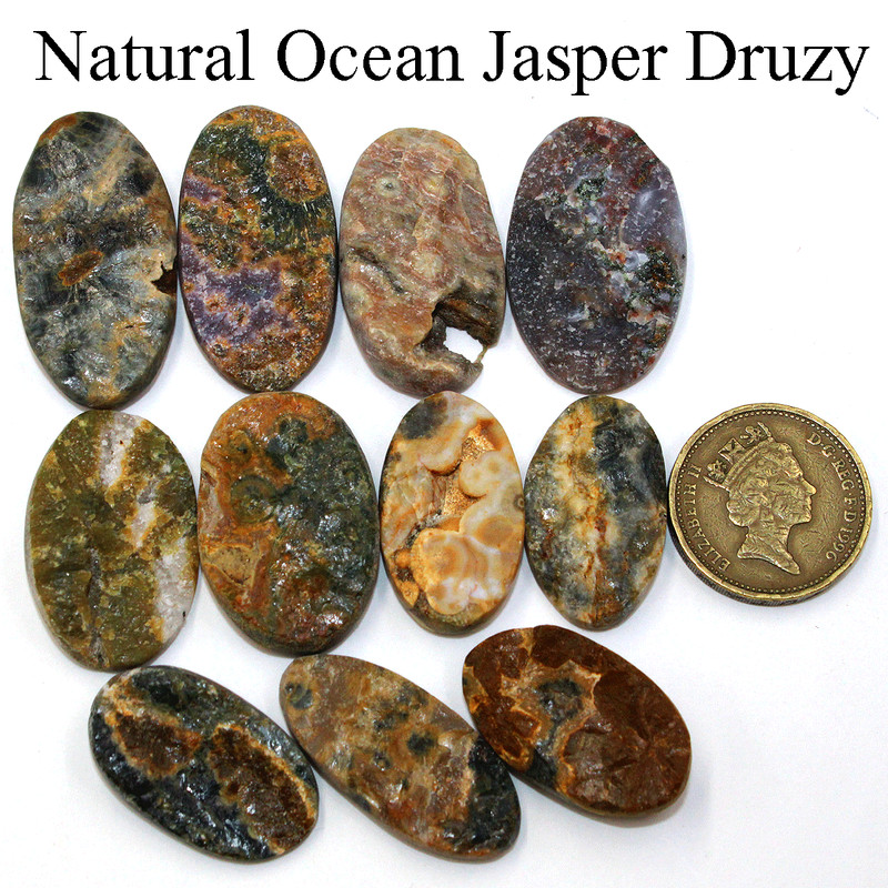 11 Pcs Natural 8th Vein Ocean Jasper Raw Face 26mm-34mm Oval Druzy Gemstones Lot