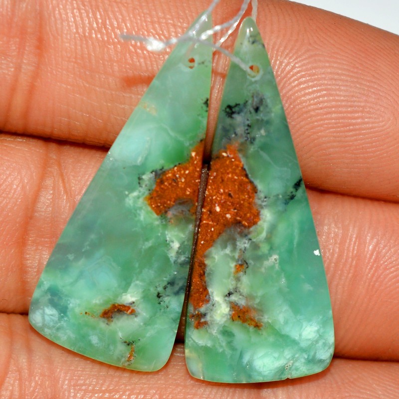 32 Ct Natural Green Chrysoprase Cabochon Gemstone Front Drill Pair 34x13mm #P409