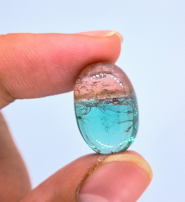 Natural Bi-Color Tourmaline Cabochon | Blue Green Watermelon Gradient Gemstone gallery