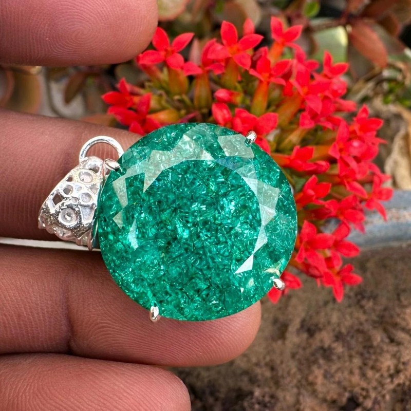 75.60 Ct Natural Green Emerald Pendant 925 Silver GIE Certified Round MR Gems A+