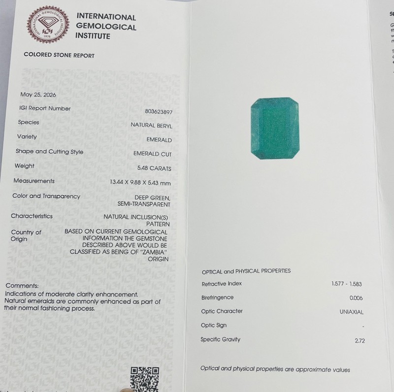 IGI Certified Natural Emerald Zambia 5.48 Ct Loose Gemstone