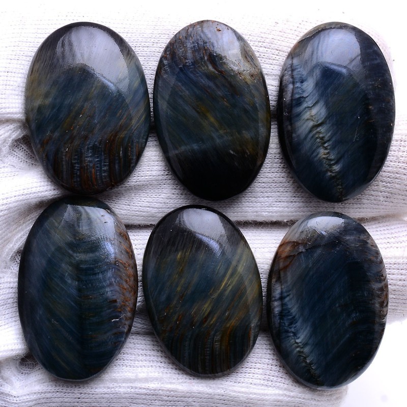 Set 6 Pcs Natural Blue Tiger Eye Untreated 32mm-34mm Oval Loose Gemstones Lot