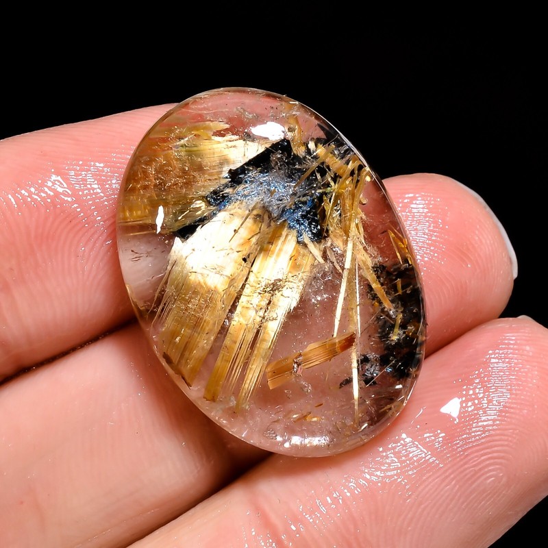 Golden Rutilated Quartz in Hematite Gemstone Cabochon 29 Ct 27X19X6 Natural gallery