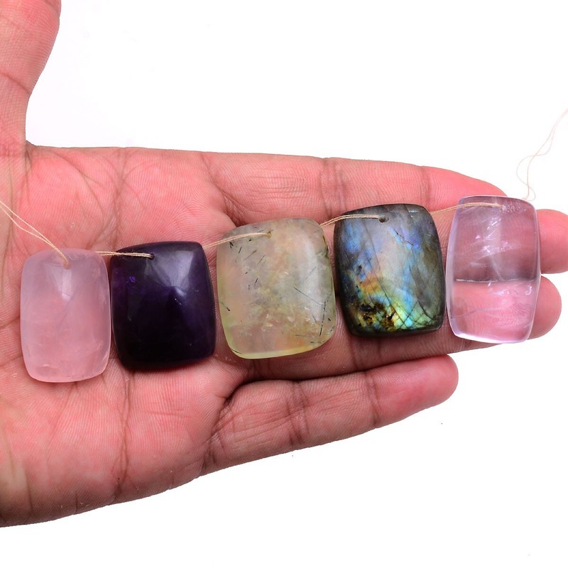 5 Pcs Natural Multi Gemstones Untreated 29mm-35mm Drilled Cushion Gemstones Lot