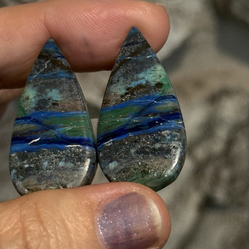 48ct 36.3x17.7x4.6mm Pair Large Dark Green Blue Azurite Drop Cabochon Gemstones gallery