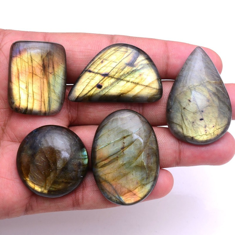 5 Pcs Natural Labradorite Golden Fire 32mm-43mm Cabochon Untreated Gemstones Lot